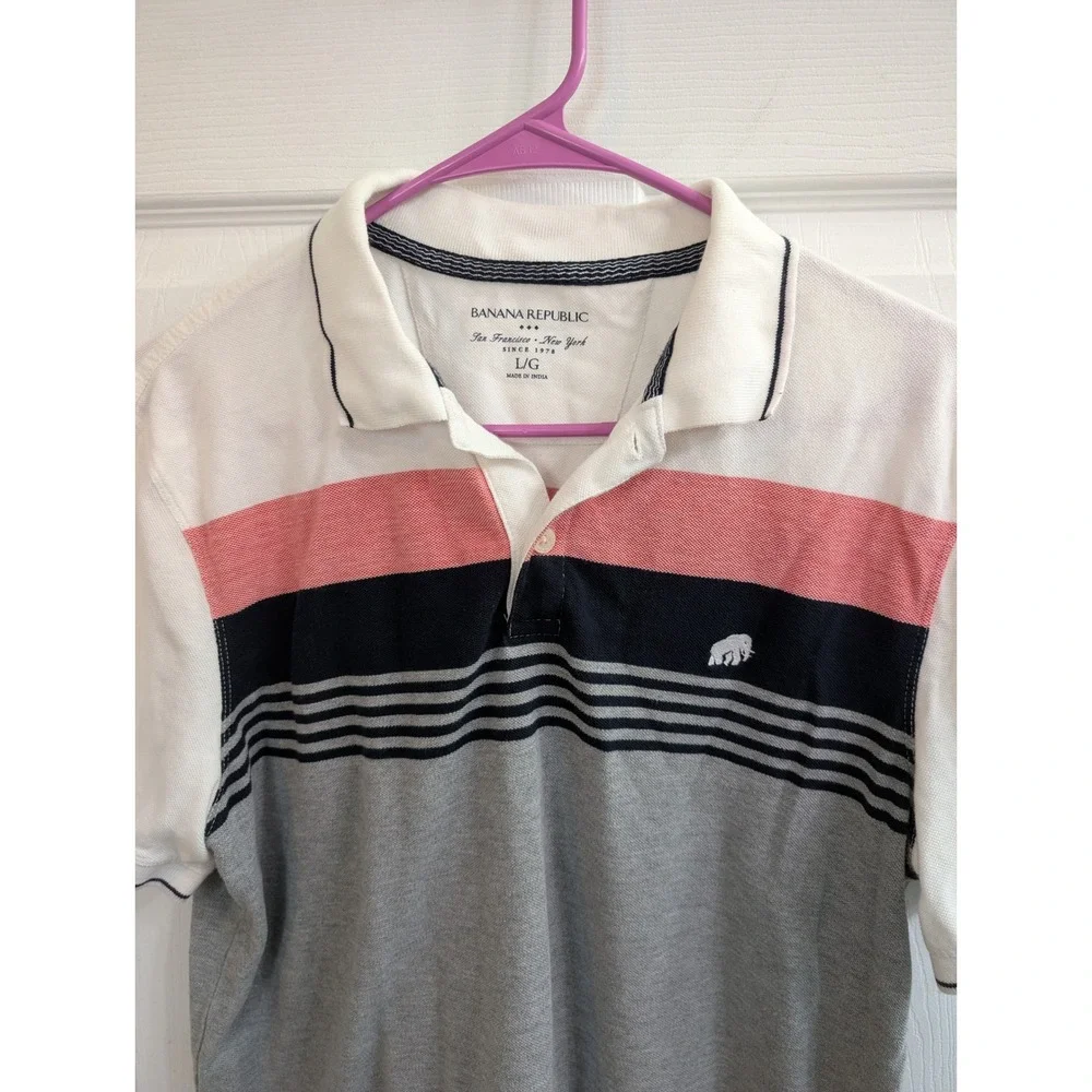 Banana Republic Polo Shirt Mens White Pink Grey‎ Colorblock Striped - Size L